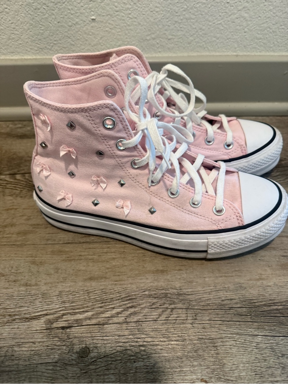 Women’s Converse Pink High-Top Sneakers with Bow & Stud Accents